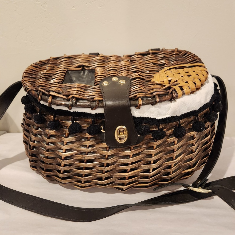 Vintage Decor, Wicker Picnic Basket/Hamper/Creel, leather strap & Closure